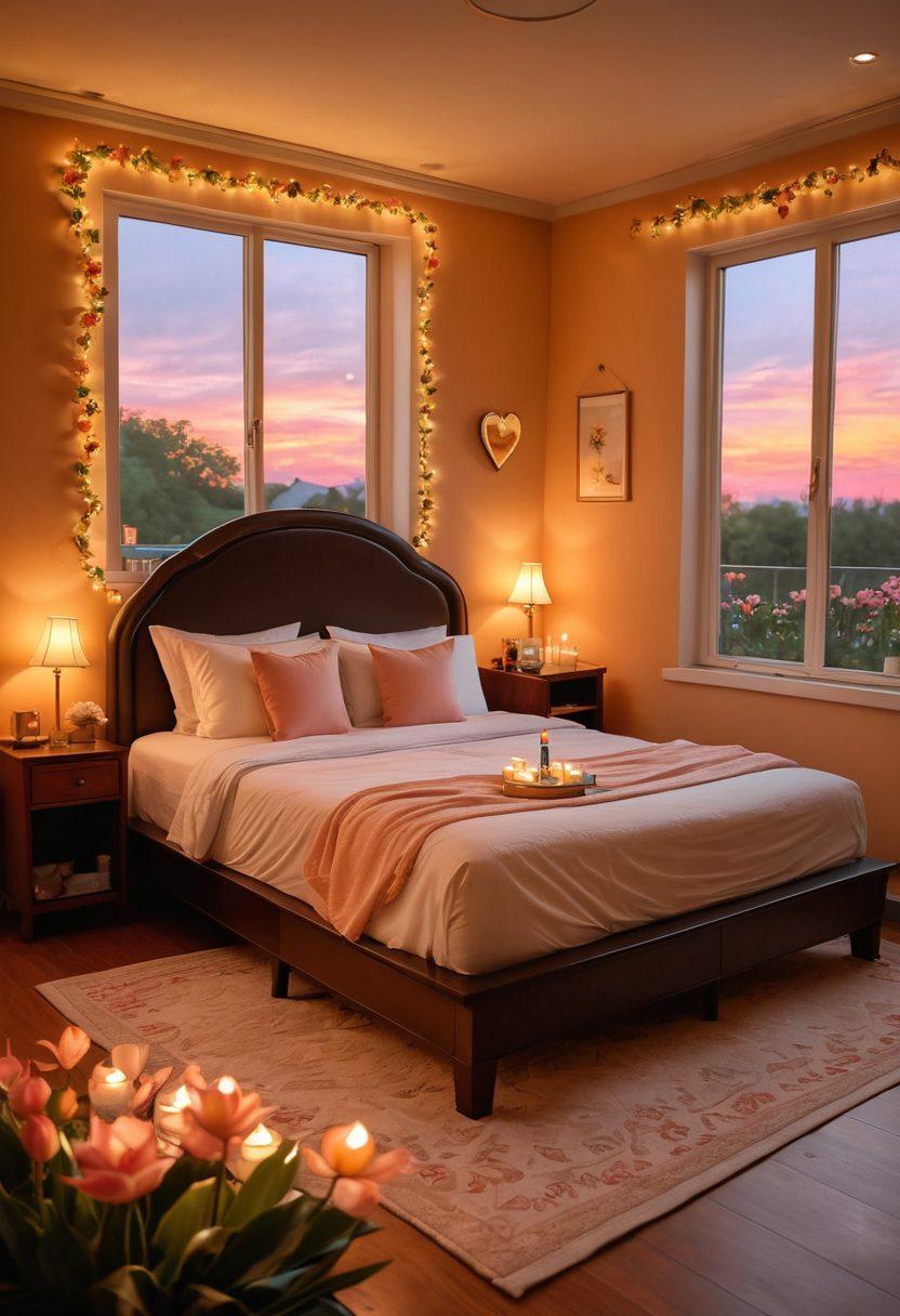 A cozy and inviting room in the Lotus Motel, adorned with elegant yet affordable decor, a large heart-shaped bed with soft linens, delicate fairy lights illuminating the space, and a window view of a serene lotus garden at sunset. Include a bottle of champagne and romantic candles on a side table. super-realistic. warm colors. soft focus.
