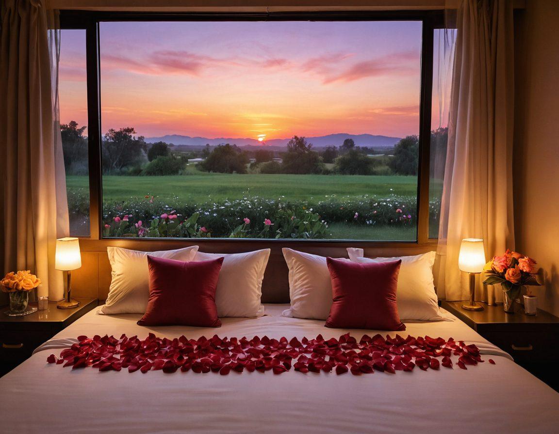 A cozy, romantic motel room at Lotus Motel, adorned with soft, ambient lighting, plush cushions, and rose petals scattered on a neatly made bed. A view of a beautiful sunset through the window, with lush lotus flowers in the foreground, creating a serene atmosphere. Include elements like champagne glasses, a flickering candle, and travel memorabilia on the walls. super-realistic. warm colors. romantic atmosphere.