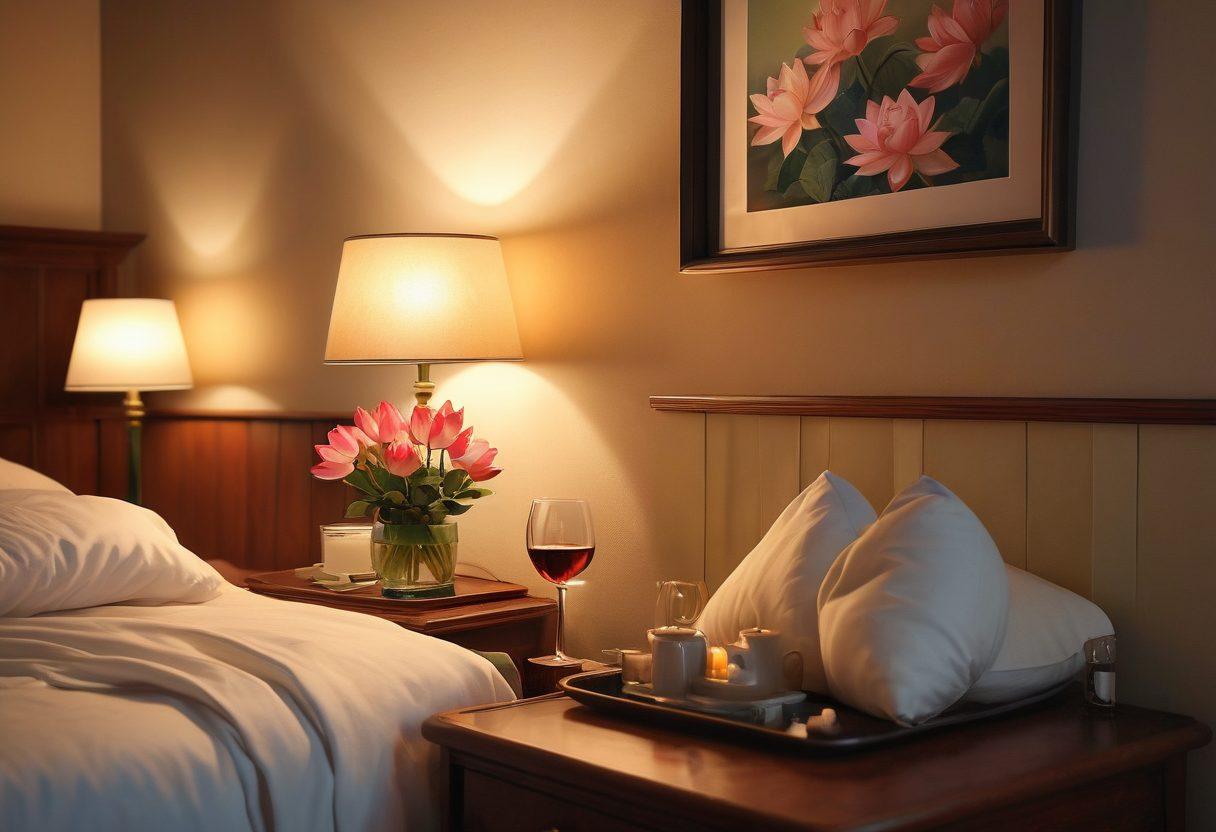 A cozy, warmly lit motel room with lotus flowers adorning the bedside table, soft pillows, and ambient lighting creating a romantic atmosphere. A couple enjoying a glass of wine by the window, with a serene view of a tranquil garden outside. Vintage decor with hints of intimacy and relaxation. super-realistic. warm colors. inviting ambiance.